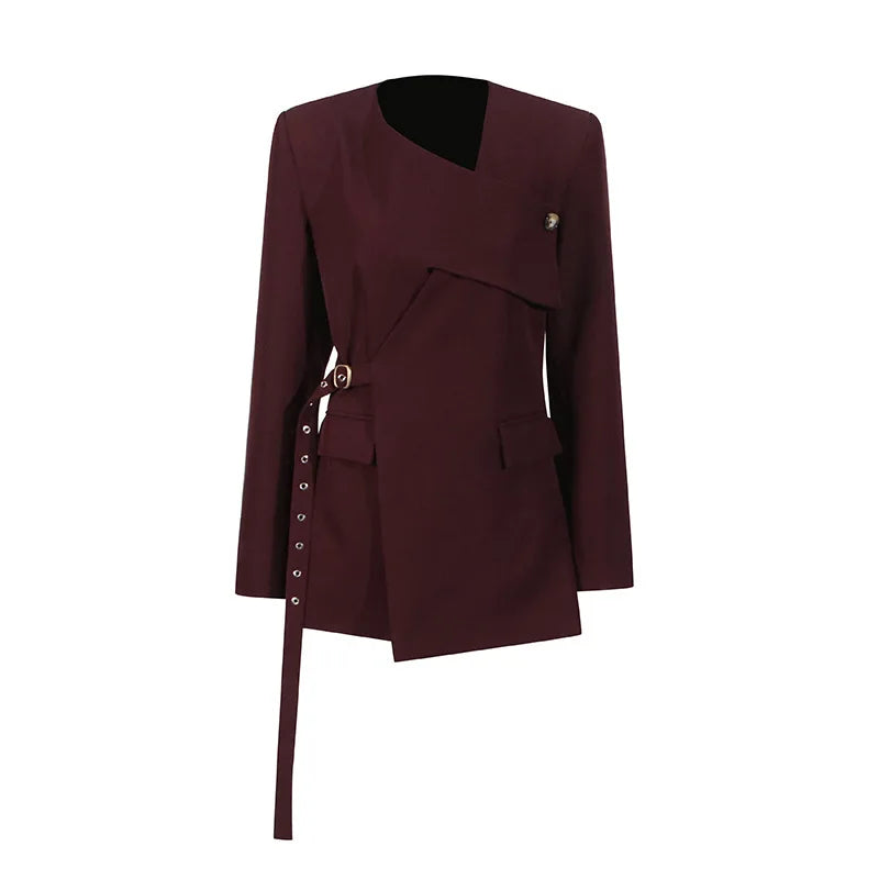 Women Blazer High Street Elegant Punk Stylish V-Neck Lace-Up Trendy Solid Color Cross Irregular Design Suit-Coat New HK3060