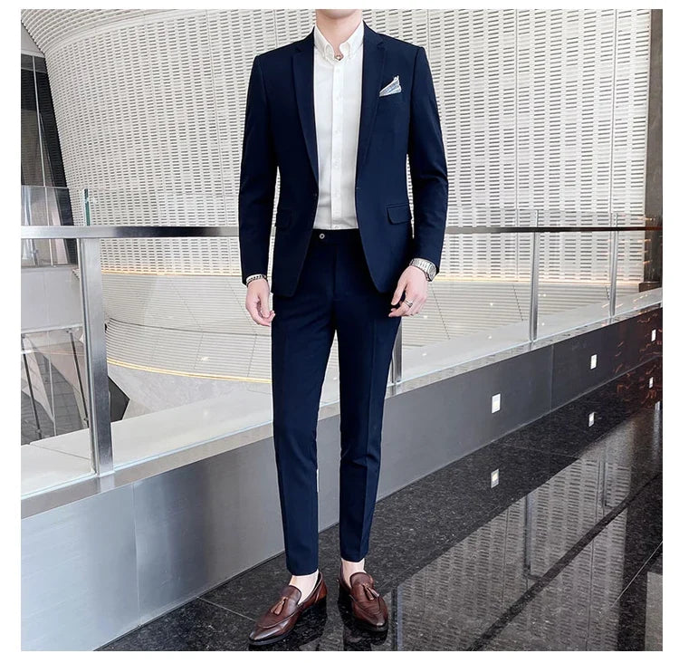 Men's Slim Fit Solid Color Two-Piece Suit Set for Wedding & Formal Occasions
