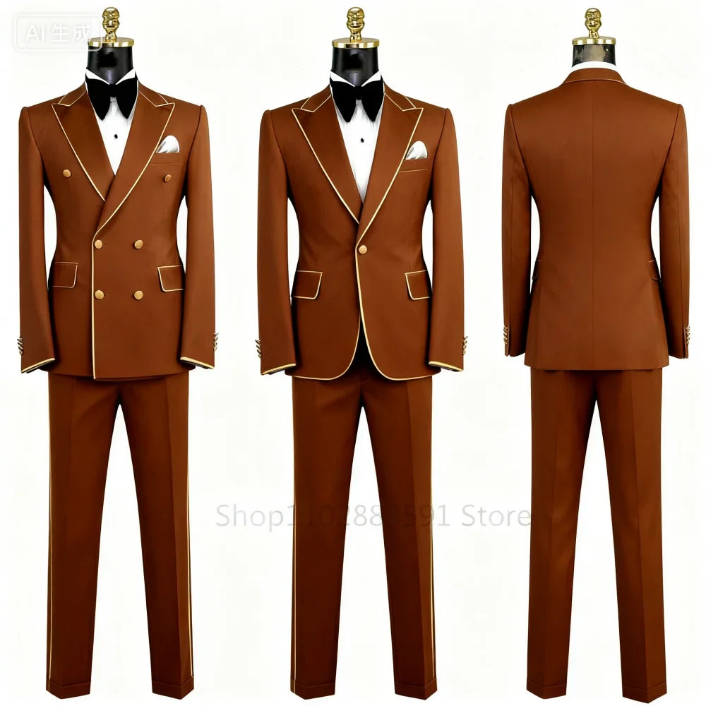 Men's Double-Breasted Suit Set – Peak Lapel, Solid 2-Piece for Wedding & Formal Occasions