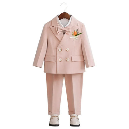 Kids 5Pieces Pure Pink Suit Set With Jacket Vest Pants Bowtie Brooch Boys Wedding Birthday Party Piano Performance Costume