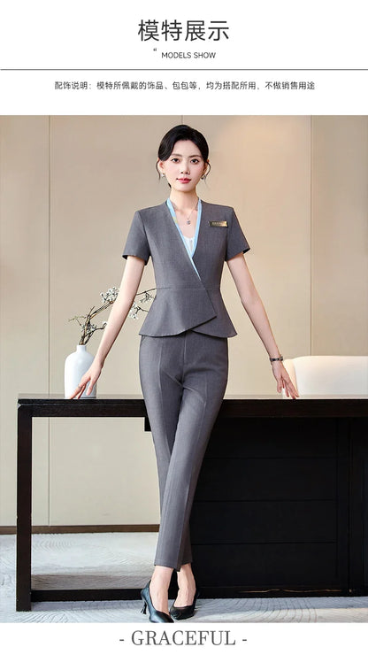 Fashionable professional women's clothing, high-quality short-sleeved suit jacket + pants set, slim and comfortable