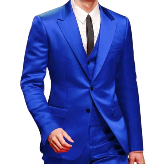 Slim Fit royal blue Men Suits for Prom Singer Stage 3 Piece Satin Wedding Groom Tuxedo Male Fashion Jacket Waistcoat with Pants