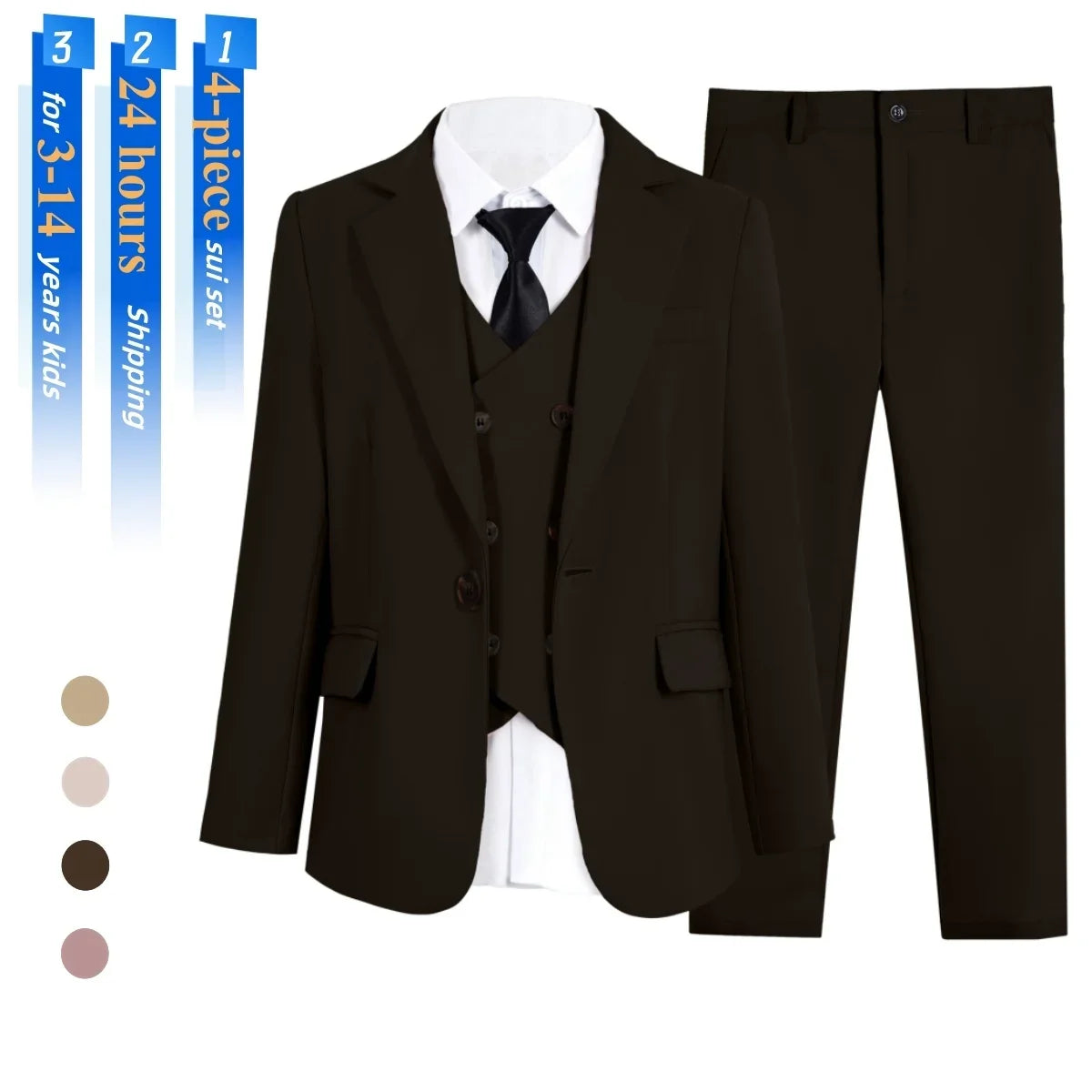 Boys Suit Set 4-Piece Formal Tuxedo for Kids Wedding Pageant Party Ages 3–14