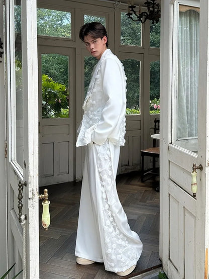 Mens Spliced Flowers Suit Jacket Wide Leg Pants Two Piece Set Loose Fit Spring Summer Designer Elegant Fashion Banquet Suits Set