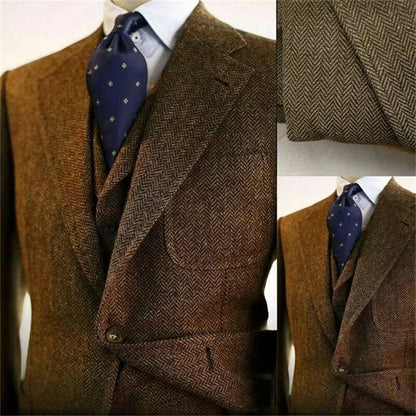 Costume d'Hiver Homme en Tweed de Laine Grise Motif Chevrons Coupe Slim Formel Smoking de Marié 3 Pièces pour Mariage (Veste+Gilet+Pantalon)