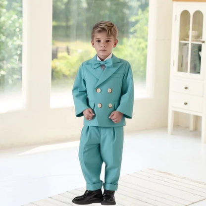 Kid Light Green 5Pieces Suit Set With Jacket Vest Pants Bowtie Brooch Boys Wedding Birthday Party Piano Performance Costume