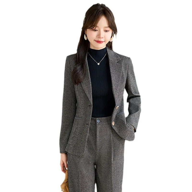 High Quality Fabric Velvet Autumn Winter Women Business Work Wear Suits Pantsuits Formal OL Styles Professional Trousers Set