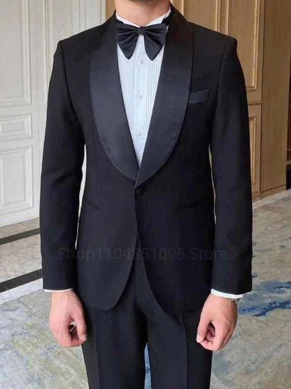 2PCS black Men's Formal Tuxedo Set Shawl Lapel Blazer And Pants Fashion Business Suit for Party Prom Wedding Groom Office Outfit