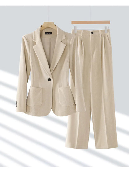 2024 Autumn New Corduroy Elegant Pant Suit Ladies Formal Business Work Wear 2 Piece Set Black Coffee Jacket Blazer And Trouser