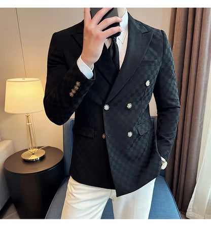 6 Color Luxury Double Breasted Blazers Coats 2024 New Fashion Checkered Business Slim Fit Social   Formal Suit Jacket 5XL-M