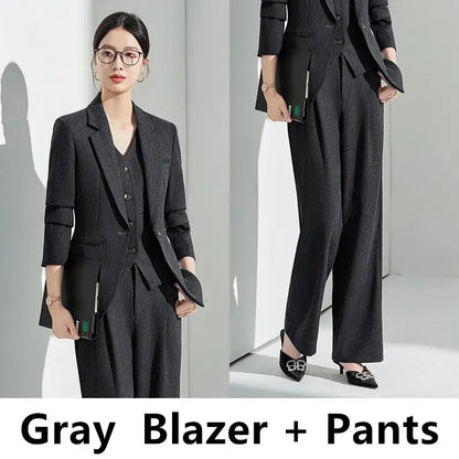 Formal Office Lady Slim Fit 2 Piece Suits Autumn Dark Brown Single Button Blazer And Pants Elegant Business Female Work Wear
