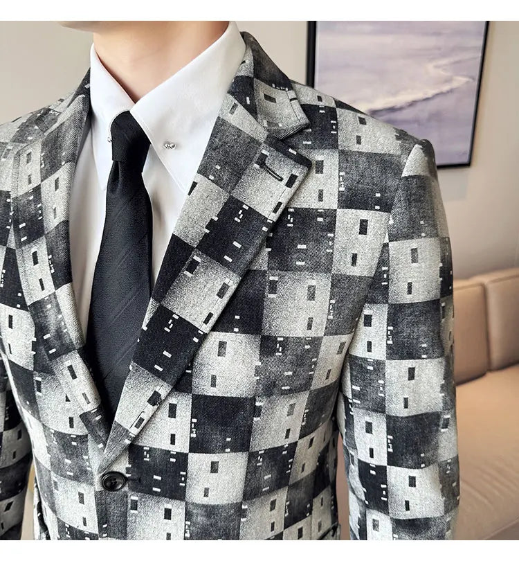 Korean Jacquard Denim Jacket for Men Autumn Winter Casual Business Men Blazers Slim Fit Wedding Social Dress Coat Men Clothing