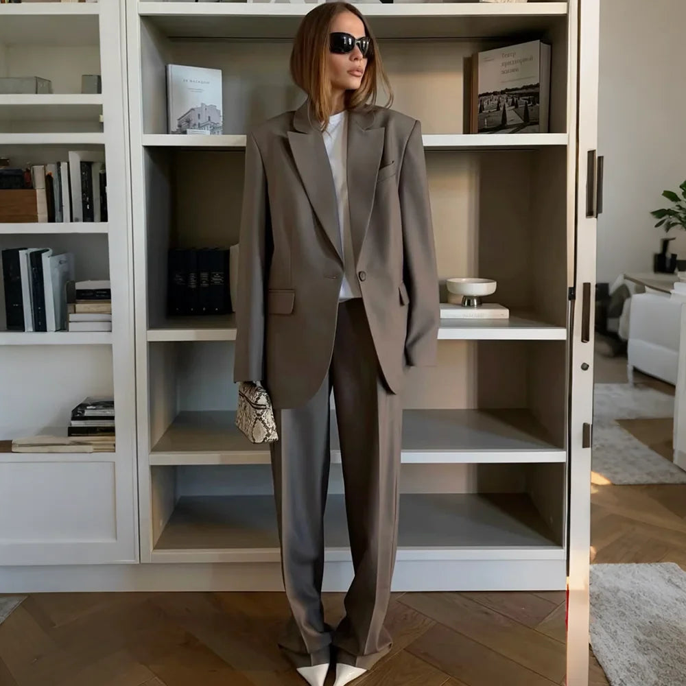 Youthful Women Taupe Oversized Suit Single Button Blazer Wide Leg Pants 2 Piece Casual Powerful Business Office Lady Set
