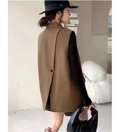 Vintage Sleeveless Suit Vest Fashion Casual Lapel Suit Waistcoat 2025 Summer Women Office Double Breasted Split Back Outwear