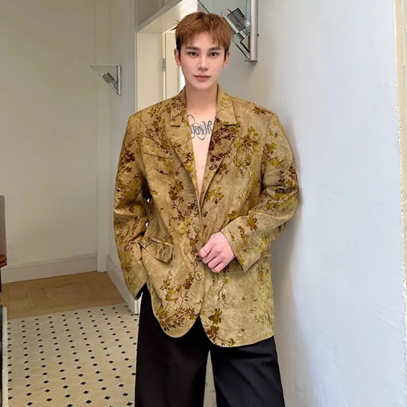 Blazer Casual Elegant Temperament Jacquard 2025 Coat Spring Men's Fashion Floral Printed Loose Male Jacket Clothes JY5533