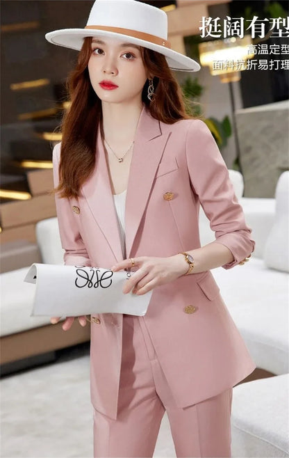 2025 Button Decoration Formal Jacket Blazer and Trouser 2 Piece Set Fashion Pink Green Black Ladies Work Wear Pant Suit Women