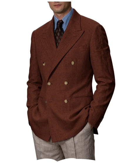 Men Linen Blazer Double Breasted Jacket Lightweight Soft Slim Coat For Business Wedding Casual Daily Party Vacation Dating
