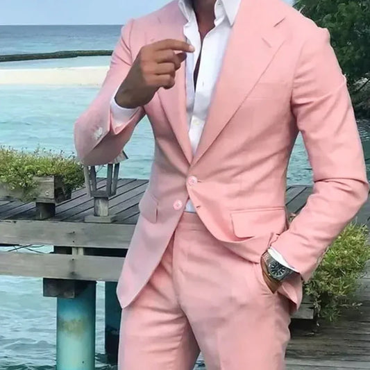 2 Piece Gentlemen Pink Men Suits Casual Jacket Pants Slim Fit Single Breasted Notch Lapel Skinny Prom Party Male Clothing Blazer