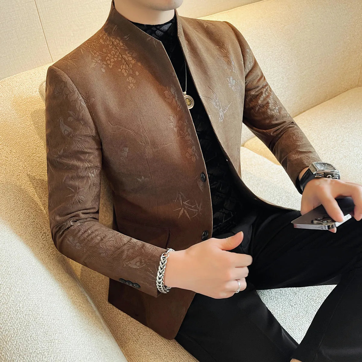 2025 Spring Trendy Jacquard Suit Jacket Men Stand Up Collar Casual Blazers Slim Wedding Business Streetwear Social Dress Coats