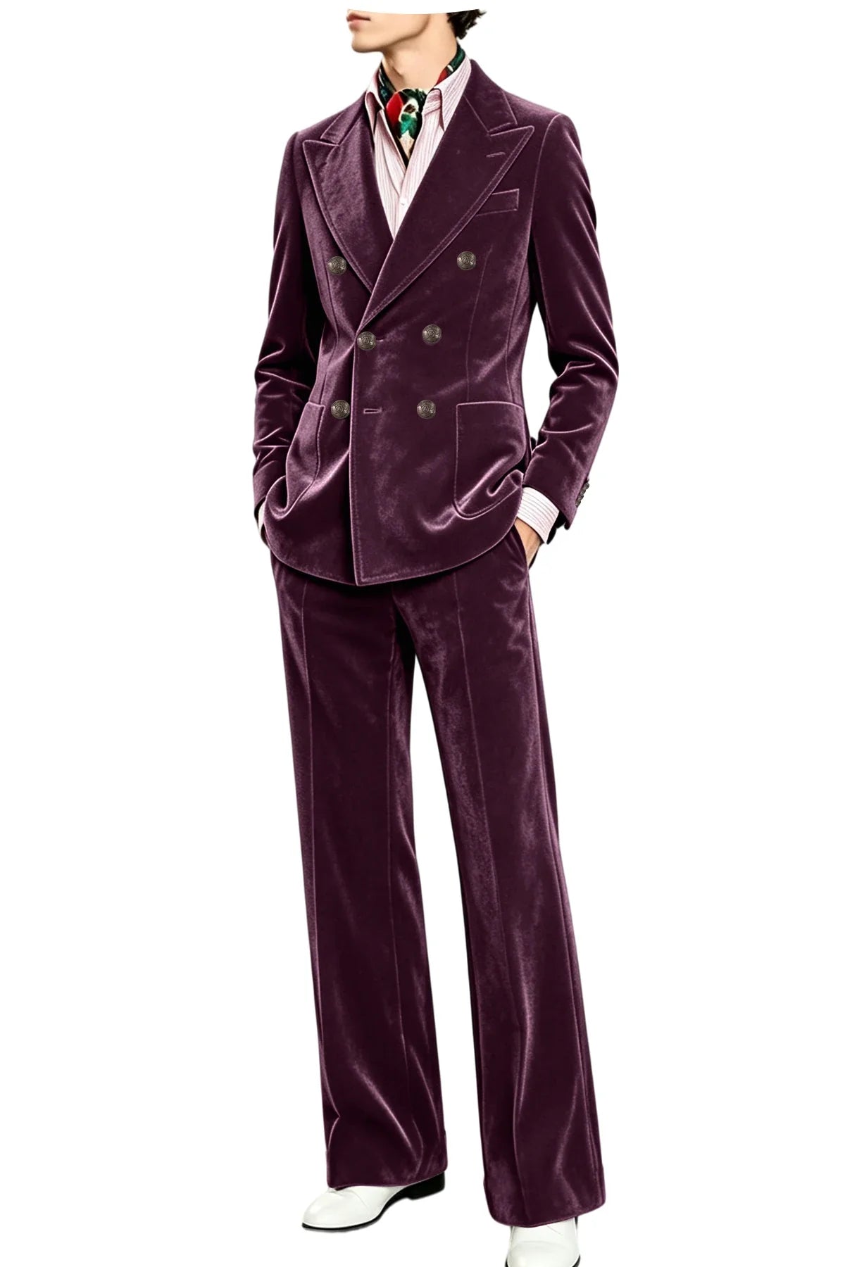 Men's Velvet Suit 2 Piece Double Breasted Peak Lapel Blazer & Straight Leg Pants for Formal & Wedding