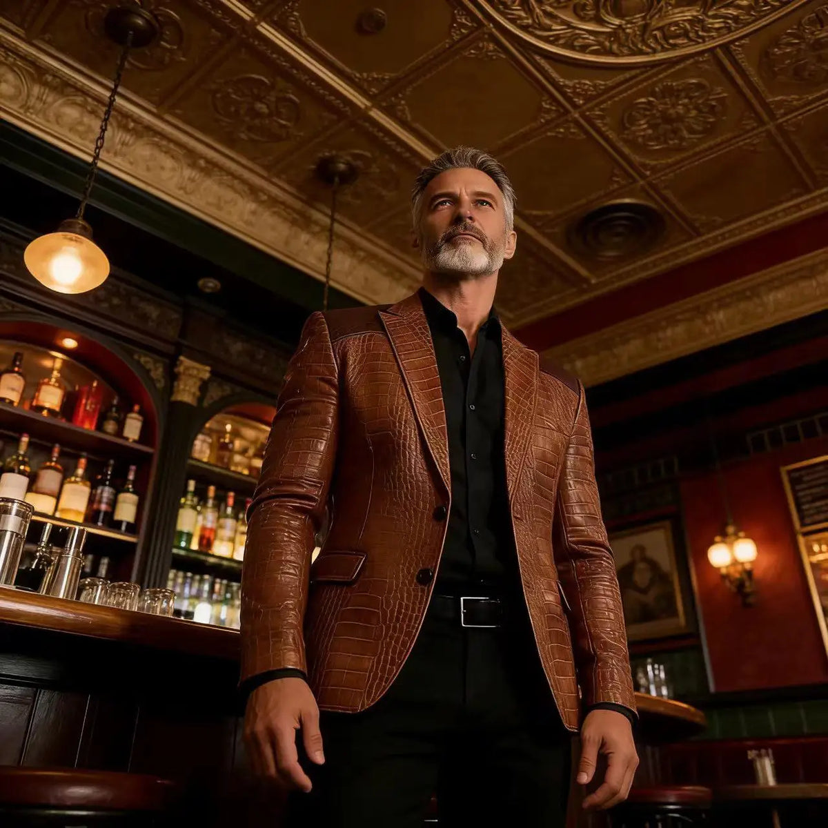 Men's Blazer Crocodile Embossed Leather Suit Jacket Shoulder Patch Notch Lapel Two Button Sport Coat Business Casual Flap Pocket