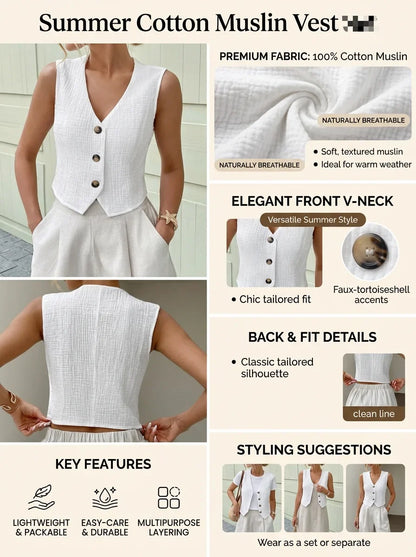 New Arrival Women Pure Cotton Elegant Sleeveless Waistcoat, Minimalist Chic Cropped Vest for Spring Summer