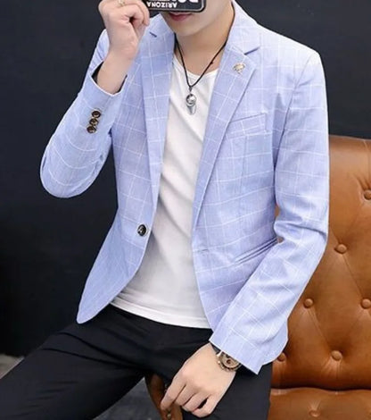 Men Autumn Plaid Blazer Korean Slim Fit Casual Suit Jacket Fashion Trendy Outerwear