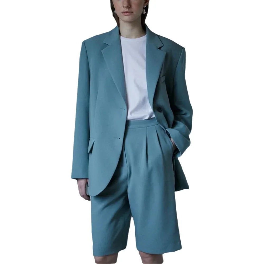 Loose Blue Single Breasted Peaked Lapel Woman Suits 2 Pieces Blazer+Pants Set Formal Party Sets Office Lady Customized Clothing