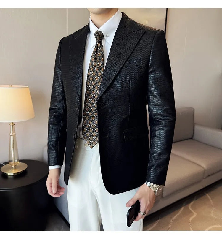 Korean Waffle Leather Suit Jacket Men's Business Casual PU Leather Blazer Slim Fit Wedding Groom Office Social Formal Coats 2026