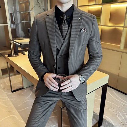 Men's Slim Fit 2-Piece Suit – Striped Single-Breasted Blazer and Trousers for Wedding, Business & Formal Wear