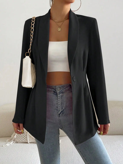 Womens Solid Color Classic Blazer Long Sleeve Single Button Slim Fit Office Work Jacket Autumn Spring Formal Outerwear