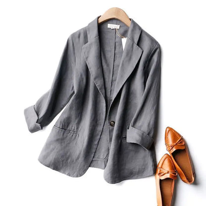 Women's Linen Blazer Loose Fit Single Button 3/4 Sleeve Lightweight Casual Suit Jacket