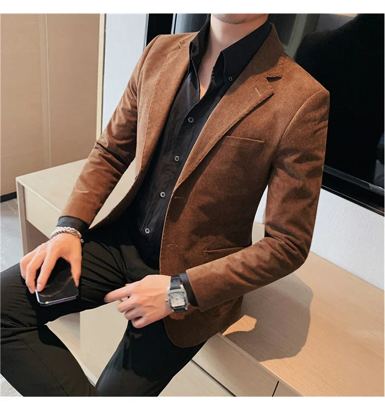 2023 Fashion Men's Corduroy Blazers Top Quality Business Casual Suit Jackets Slim Fit Wedding Groom Streetwear Social Dress Coat