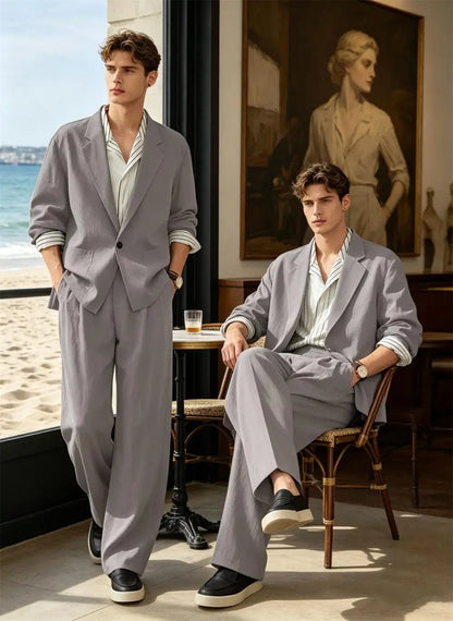 Men's Linen Blazer Suit Set Lightweight Breathable Casual Jacket Business Vacation Party Wedding Spring Summer Autumn Daily Wear