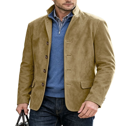 Men's Suede Blazer Single Breasted Slim Fit Classic Stand Collar Suit Jacket for Weddings & Daily Wear