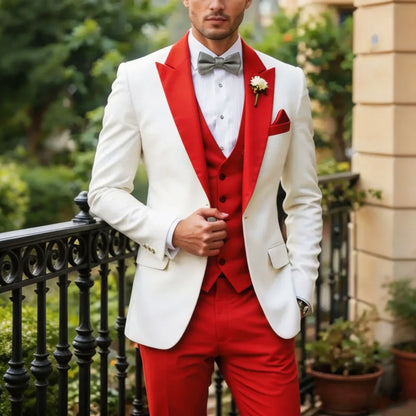 Men Suit Cream 3 Pieces Single Button With Lapel For Wedding Birthday Banquet Party Business Work Office Jacket Vest Pants