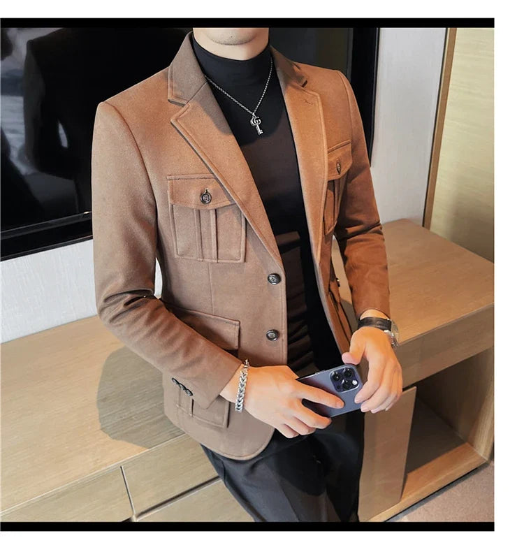 Winter Woolen Suit Jacket for Men Multiple Pockets Slim Fit Casual Business Blazers Masculino Wedding Streetwear Social Coats