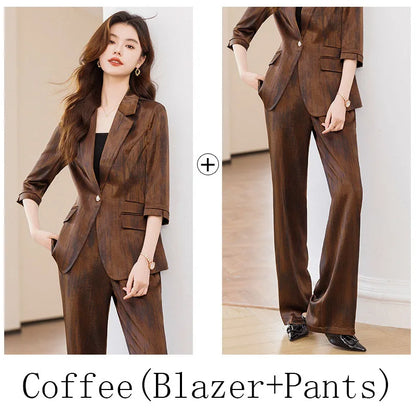 Women's Two Piece Set Blazer Pants Suit Elegant Office Formal Business Outfit Plus Size Three-Quarter Sleeve Jacket Trousers