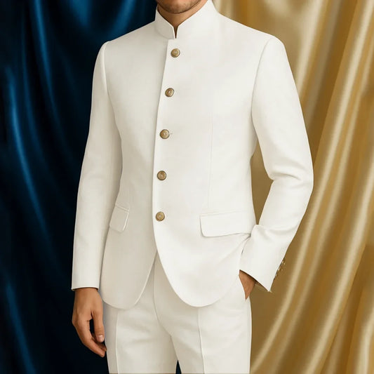 Men Suit 2 Piece Beige Single Button Hight Neck Solid For Wedding Banquet Birthday Party Business Daily Casual Jacket With Pants