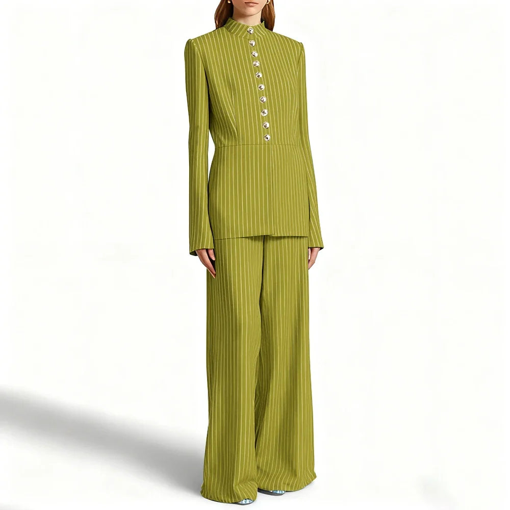 Elegant Women's Suits Pinstripe Two-piece(Jacket+Pants) Set with Stand Collar Gold Single Breasted Business Office Lady Outfit