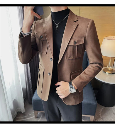 Winter Woolen Suit Jacket for Men Multiple Pockets Slim Fit Casual Business Blazers Masculino Wedding Streetwear Social Coats