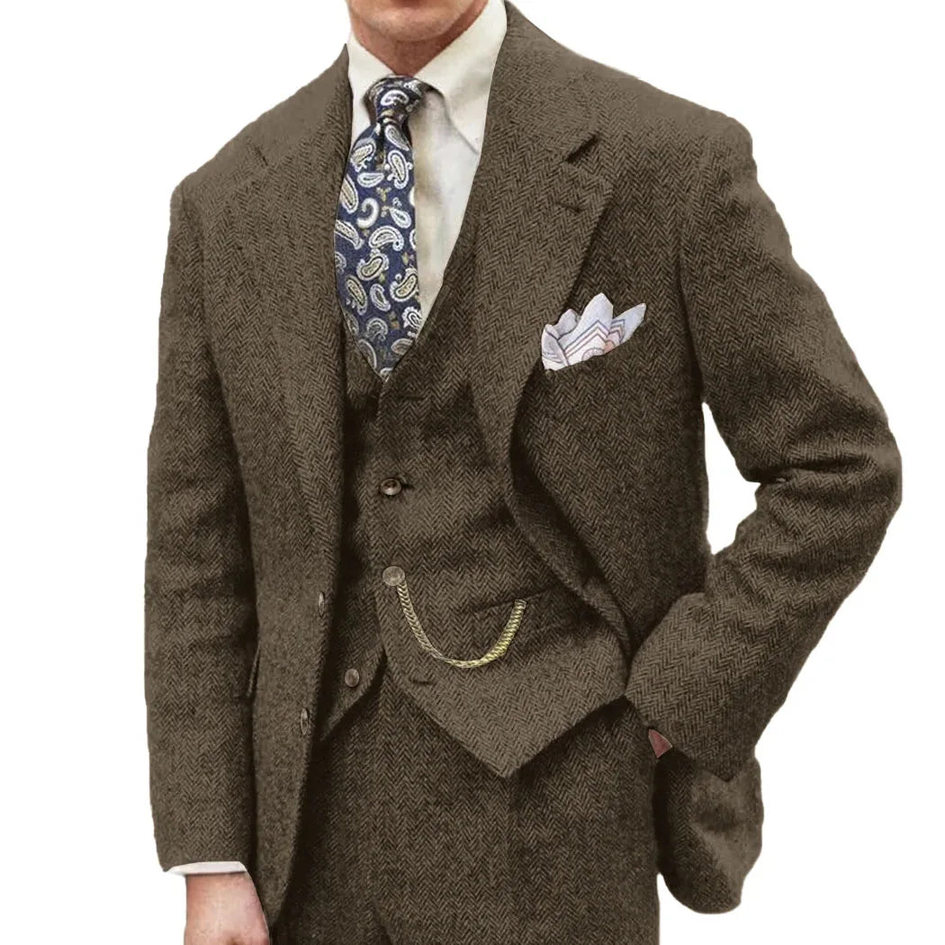 3 Piece Grey/Brown Mens Tweed Herringbone Wedding Suit Prom Tuxedos Peak Lapel Tweed for Business Slim Fit (Blazer+Vest+Pants)