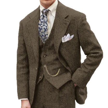 3 Piece Grey/Brown Mens Tweed Herringbone Wedding Suit Prom Tuxedos Peak Lapel Tweed for Business Slim Fit (Blazer+Vest+Pants)