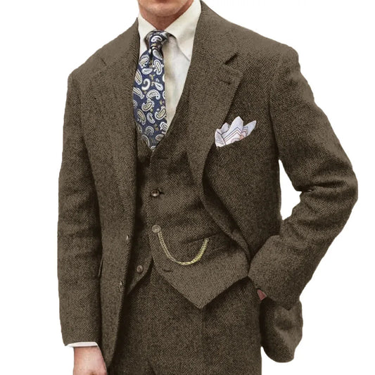 3 Piece Grey/Brown Mens Tweed Herringbone Wedding Suit Prom Tuxedos Peak Lapel Tweed for Business Slim Fit (Blazer+Vest+Pants)
