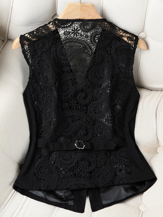 Women's Elegant Lace White Suit Vest, Sleeveless V-Neck Button Down Waistcoat, Tailored Fit for Office and Dressy Occasions