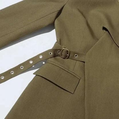 Women Blazer High Street Elegant Punk Stylish V-Neck Lace-Up Trendy Solid Color Cross Irregular Design Suit-Coat New HK3060