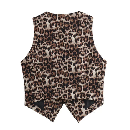 Leopard Lady Vests Vintage Cropped Sleeveless Vest Women Outerwears Animal Print Women's Suit Vest V Neck Casual Waistcoat