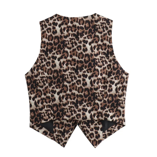 Leopard Lady Vests Vintage Cropped Sleeveless Vest Women Outerwears Animal Print Women's Suit Vest V Neck Casual Waistcoat