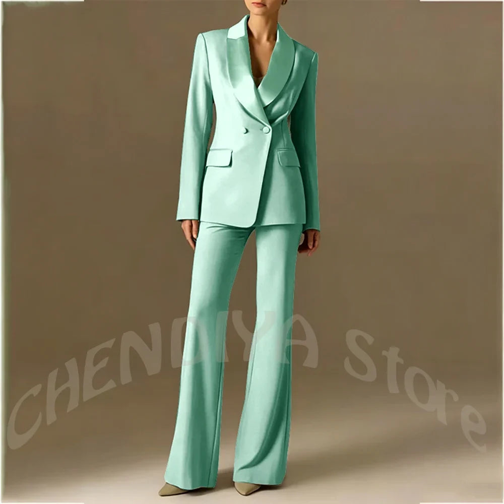 Classic Shawl Lapel Suit For Women Elegant Double Breasted Outfit Solid Color Two Piece Straight Modern Style Office Wear