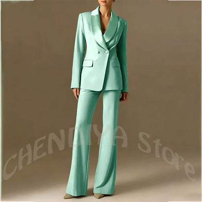 Classic Shawl Lapel Suit For Women Elegant Double Breasted Outfit Solid Color Two Piece Straight Modern Style Office Wear